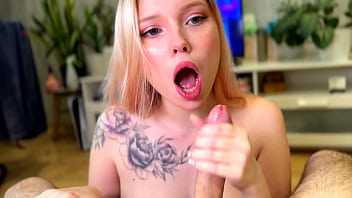 Cute stepsister gives a sloppy blowjob and gets cum in her mouth