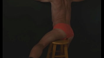 Part 2 down in the dark sneak a peek preview groin stretching on the stool with dark background and bright briefs with the light off