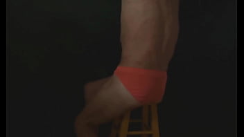 Part 2 down in the dark sneak a peek preview groin stretching on the stool with dark background and bright briefs with the light off