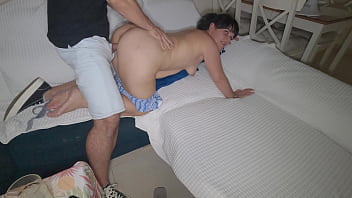 Stepmom helps stepson empty his balls and he cums inside her hairy pussy