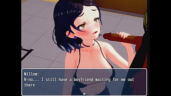 Brunette brought into back room and gives head to backup dancer; gets naked for boyfriend's best friend