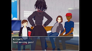 Brunette brought into back room and gives head to backup dancer; gets naked for boyfriend's best friend