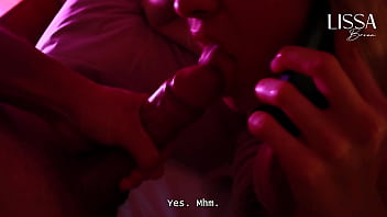 Unfaithful slut hotwife talks to her cuckold boyfriend on the phone while giving blowjob to her lover until she drinks his cum