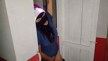 The whore put on a balaclava and makes porn from her work warehouse showing her mature vagina