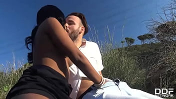 Stranded thankful & dark babe swallows big cock