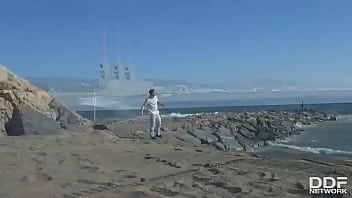 Stranded thankful & dark babe swallows big cock