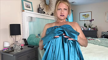 Modeling and masturbating in satin dress for fan