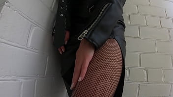 Sexy blonde with natural tits in leather and fishnet sloppy suck big cock female pov blowjob