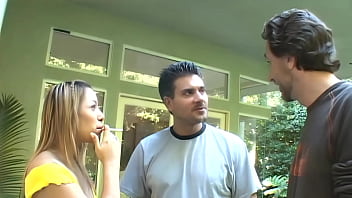 Asian slut sucking two great cock