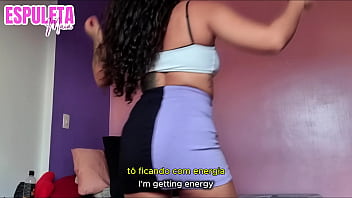 Skinny brunette with a big ass shaking her ass with her panties stuck in her pussy