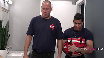 Busty milf had no other choice but get spitroasted by paramedics to get out