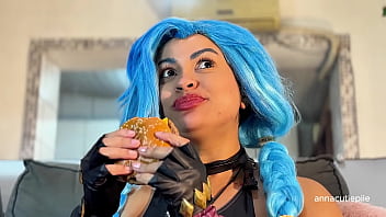 Jinx cosplay eating mcdonald’s with burps and belly noises