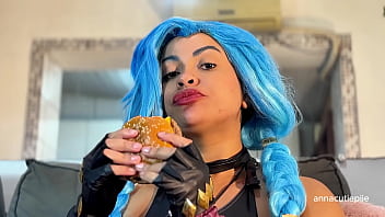 Jinx cosplay eating mcdonald’s with burps and belly noises