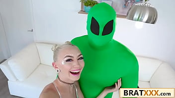 Tiny blonde takes on big green extraterrestrial cock