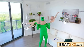 Tiny blonde takes on big green extraterrestrial cock