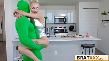 Tiny blonde takes on big green extraterrestrial cock