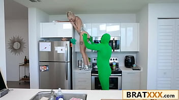 Tiny blonde takes on big green extraterrestrial cock