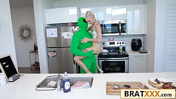 Tiny blonde takes on big green extraterrestrial cock