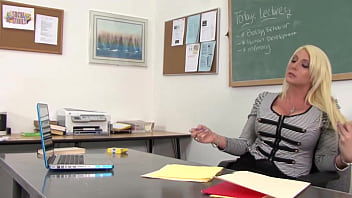 Hot blond teacher in stockings masturbates then fucks a bbc