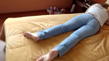 Beautiful stepmother pulls down her jeans to masturbate intense orgasms begging for cock