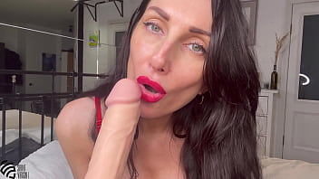 Hot brunette does blowjob and cums in her big tits