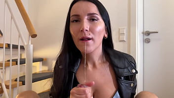 Hot step mom in leather outfit cum twice from step son's cock