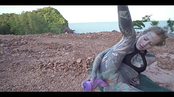 Tattooed babe gets bold in public — anal play and wet release