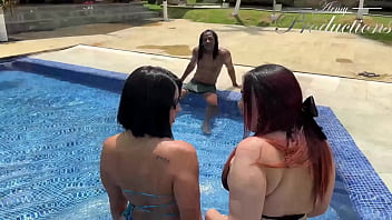 Sw couple seduce milf in the pool and fuck her together