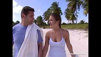 Karma gives amazing upskirt before two guys suck her massive boobs