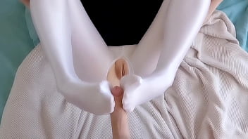 Footjob in teasing sexy pantyhose and cum on my pussy