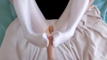 Footjob in teasing sexy pantyhose and cum on my pussy