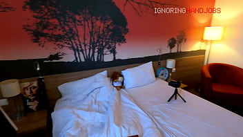 Sexy and horny big tits big ass brunette babe love to flash her pussy and ass before giving a handjob to a big cock guy