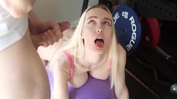 Fit blonde girl seduces her coach in public gym and gets fucked & cum on face