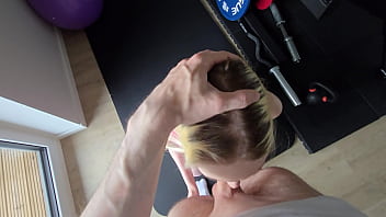 Fit blonde girl seduces her coach in public gym and gets fucked & cum on face