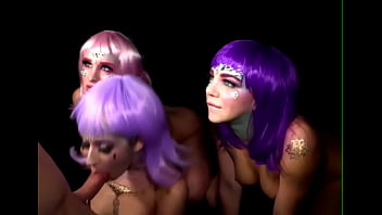 Sexy space babes use him for his cum