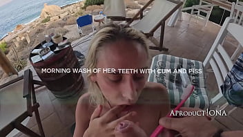 Morning teeth washing with cum and piss
