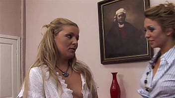 Blonde lesbians in lingerie eat each other out