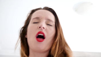 Brunette red lipstick pov blowjob & tight pussy creampie