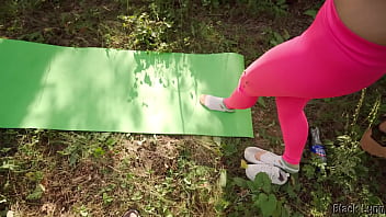 Peeping pervert caught by dominant yoga girl and fucked right in the woods