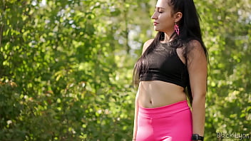 Peeping pervert caught by dominant yoga girl and fucked right in the woods