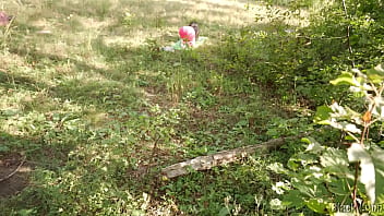 Peeping pervert caught by dominant yoga girl and fucked right in the woods