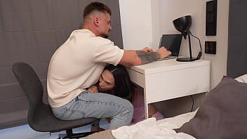 Annoyed girlfriend teases me while i work on laptop to get my hard cock