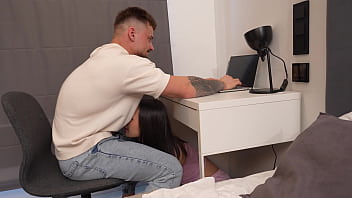 Annoyed girlfriend teases me while i work on laptop to get my hard cock