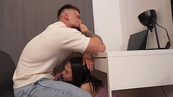 Annoyed girlfriend teases me while i work on laptop to get my hard cock