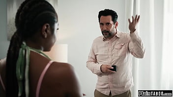 Stepdad caught a glimpse of his ebony stepdaughter destiny mira nude on the catches him with a camera in her room and makes him lick her