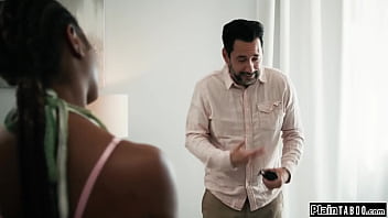 Stepdad caught a glimpse of his ebony stepdaughter destiny mira nude on the catches him with a camera in her room and makes him lick her