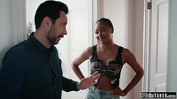 Stepdad caught a glimpse of his ebony stepdaughter destiny mira nude on the catches him with a camera in her room and makes him lick her