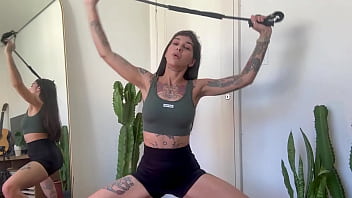 Inked girl rubber band workout warm up strength sfw yoga fitness