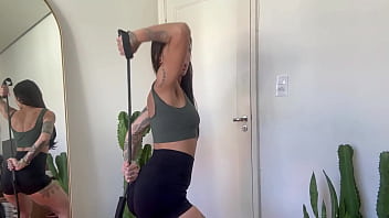 Inked girl rubber band workout warm up strength sfw yoga fitness