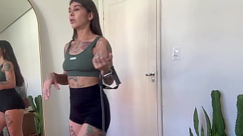 Inked girl rubber band workout warm up strength sfw yoga fitness